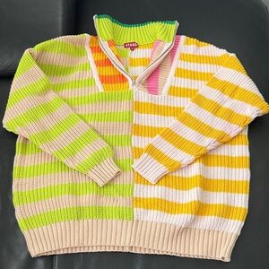 STAUD Neon Green, Yellow & Cream Striped Half-Zip Sweater